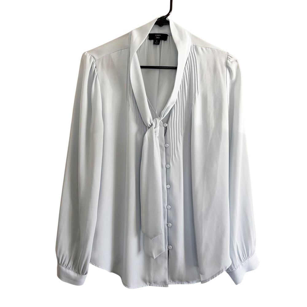 J.Crew 365 Women 8 Blue Tie Neck Blouse V-Neck Pleated Button Front Lightweight